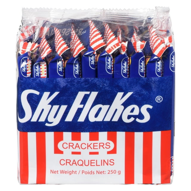 MY San Skyflakes Crackers 250g pack featuring individually wrapped rectangular crackers in blue and red striped packaging with white text, made from premium wheat flour for a light, crispy Filipino snack ideal for sharing or on-the-go.