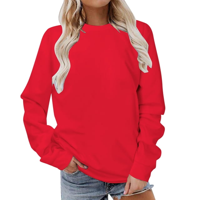 Yuyuzo Hauts d'Automne pour Femmes Chandails à Col Rond Manches Longues Chandail Uni à Enfiler T-Shirts Coupe Ample
