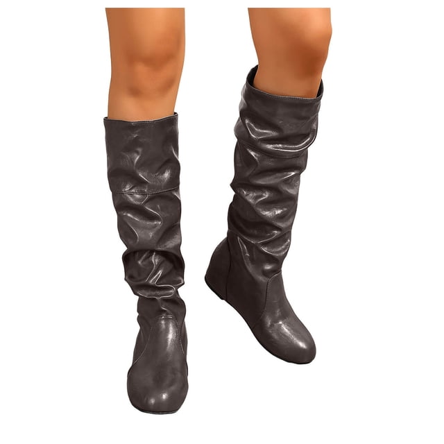 Bottes Hautes Plissées pour Femmes en Cuir Décontractées Hiver Automne Sans Talon au-Dessus du Genou Bottes Habillées Hautes pour Dames