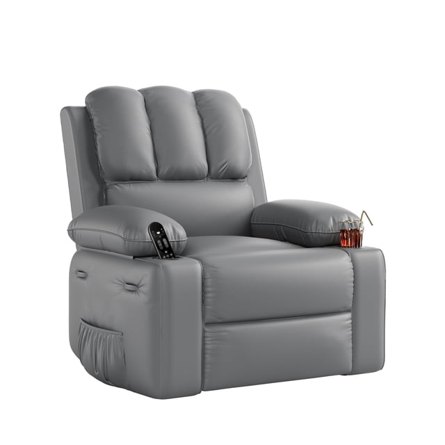 Garvee Oversized Wide Rocker Swivel Recliner Chair, PU Leather Large Manual Recliner, with 1.5X Sponge Filling, Gray