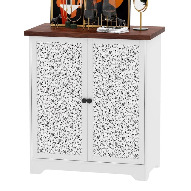 Modern Buffet Sideboard Cabinet with Drawer & Patterned Doors – Lockable Storage for Entryway, Kitchen, or Living Room. This white cabinet features two intricately patterned doors with black floral designs, a spacious drawer, and a dark wood top. Made from durable engineered wood and metal, it includes adjustable shelves for customizable storage. Ideal for organizing household items in entryways, kitchens, or living rooms. The lockable doors provide added security, and the cabinet's modern design complements various décor styles.