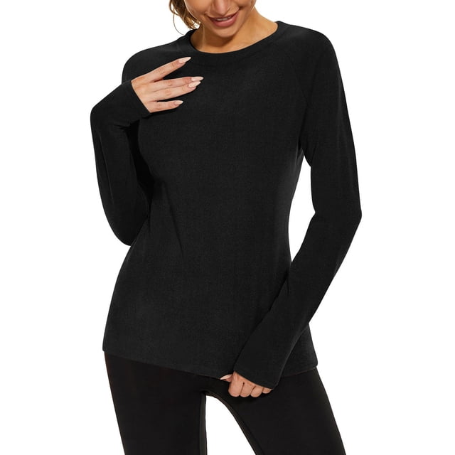 BLVB Chandails Thermiques pour Femmes Hauts à Manches Longues sous-Vêtement Doublé en Molleton pour Dames Col Ras du Cou Doux Couche de Base Hauts pour l'Hiver Temps Froid