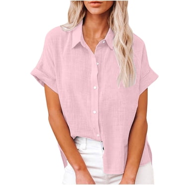 lcziwo Sales Today Clearance Women's Plus Size Linen Tops,Womens Short Sleeve Button up Shirts Summer Cotton Linen Blouse V Neck Collared Tops Loose Casual Ladies Clothes Pink,XXL