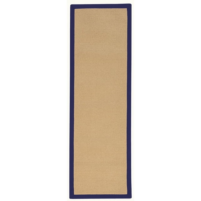 Athena Sisal & Blue 2'6" x 12' runner rug with a natural wool sisal-textured center and hand-finished blue cotton binding featuring mitered corners, tufted and bound in the USA, ideal for hallways or long bathrooms and suitable for layering in transitional home decor.