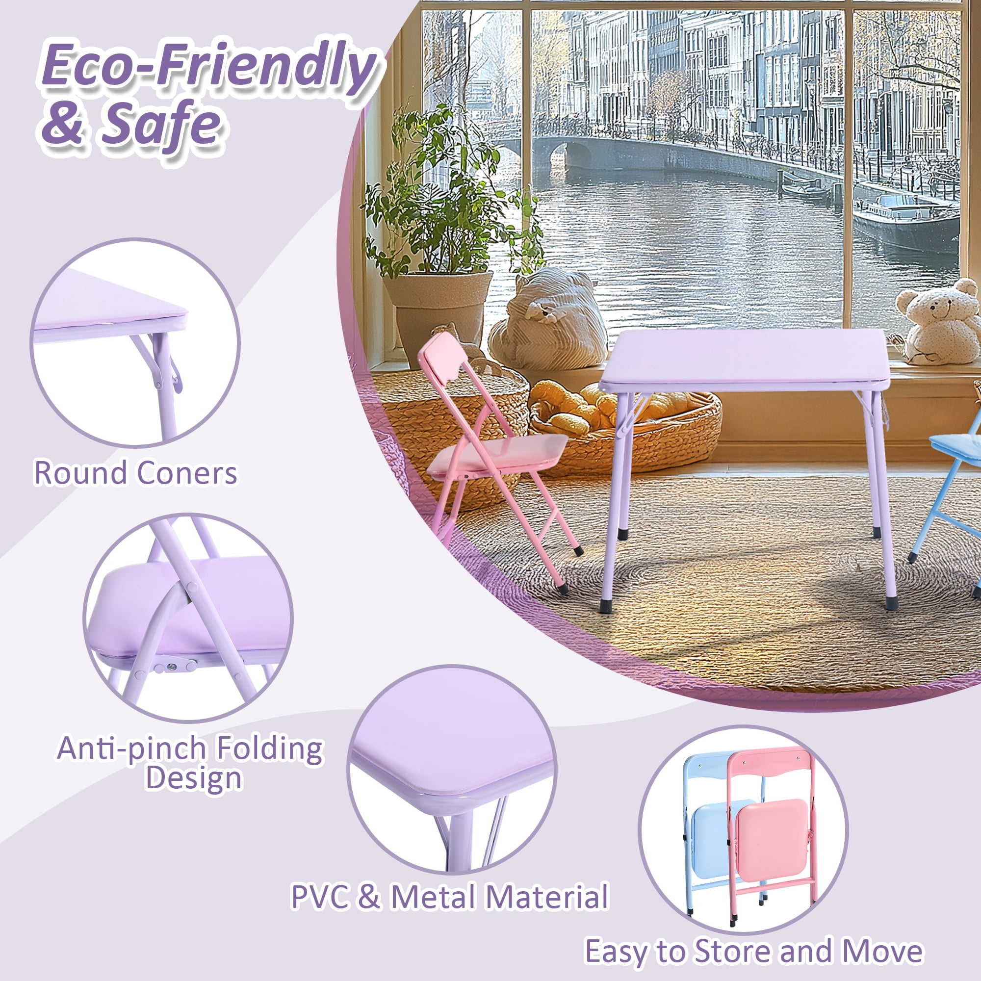 Ensemble table d'activité et 2 chaises pliantes pour enfants Homy Casa, 24 po, métal pour tout-petits et préscolaire, rose/violet/bleu