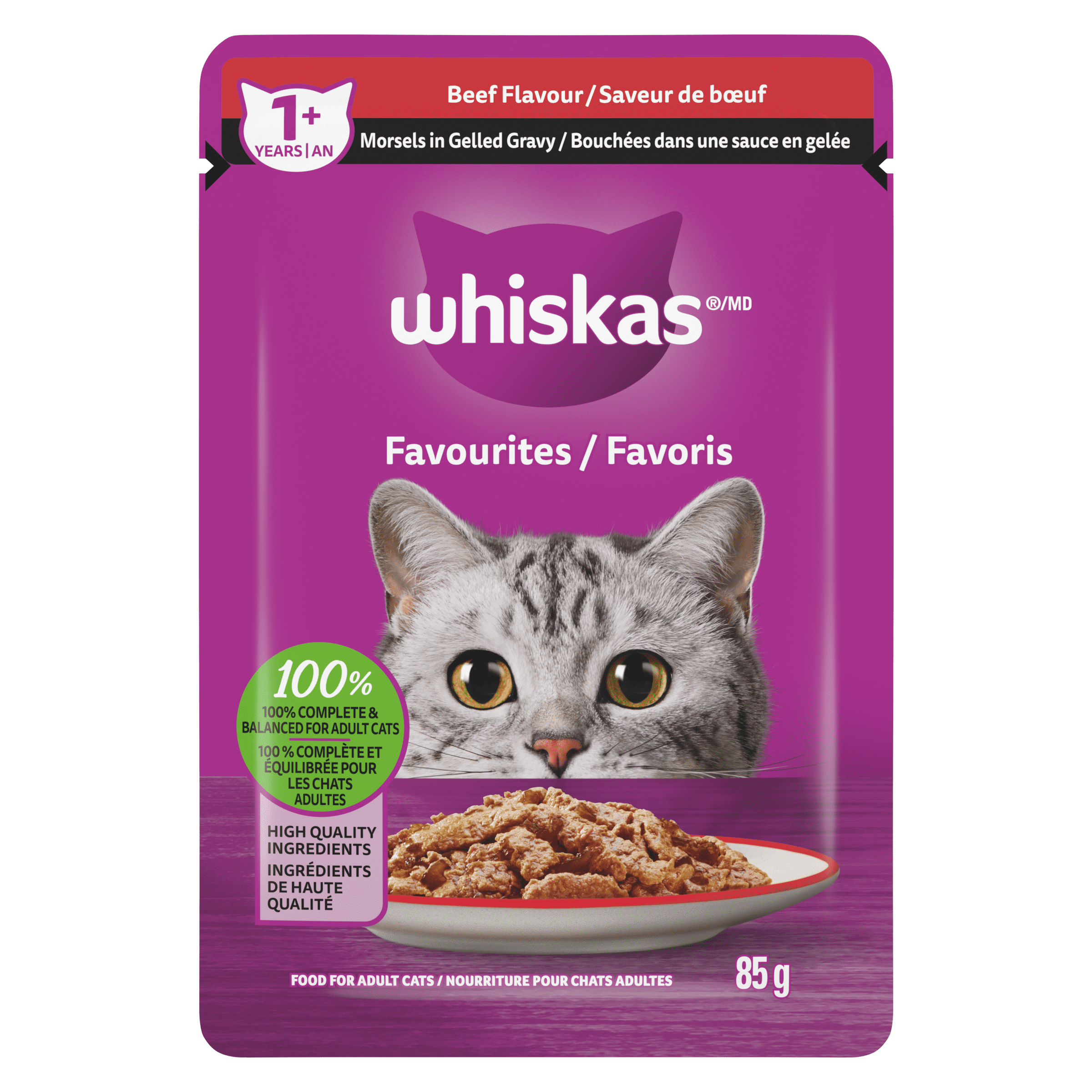 Nourriture humide pour chats adultes WHISKAS FAVORIS bouchées dans une sauce en gelée – saveur de bœuf, sachet de 85 g