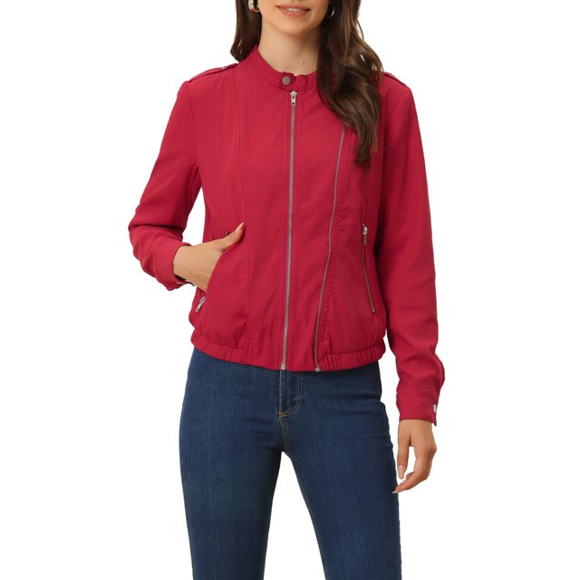 INSPIRE CHIC Veste de Moto de Motard Légère à Col Montant à Fermeture Éclair pour Femme Rouge P