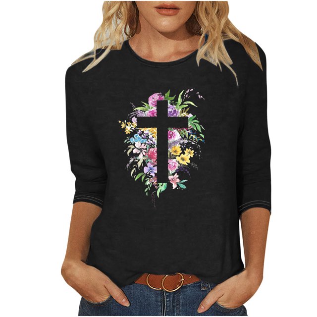 Blouses pour Femmes T-Shirt Imprimé Blouse à Manches 3/4 Col Rond Décontracté, Blouses pour Femmes T-Shirts pour Femmes, Blouses pour Femmes Décontractées