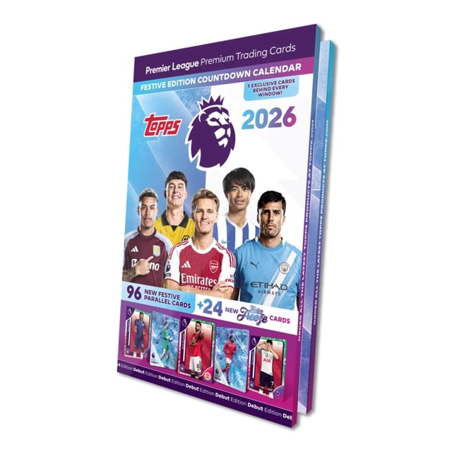 2025-26 Topps Premier League Debut Edition Cards Advent Countdown Calendar with 96 festive parallels and 24 festive freeze transparent cards. Designed for soccer trading card enthusiasts, it features Premier League branding, player jerseys, and collectible card designs. Includes 5 exclusive cards behind each window.