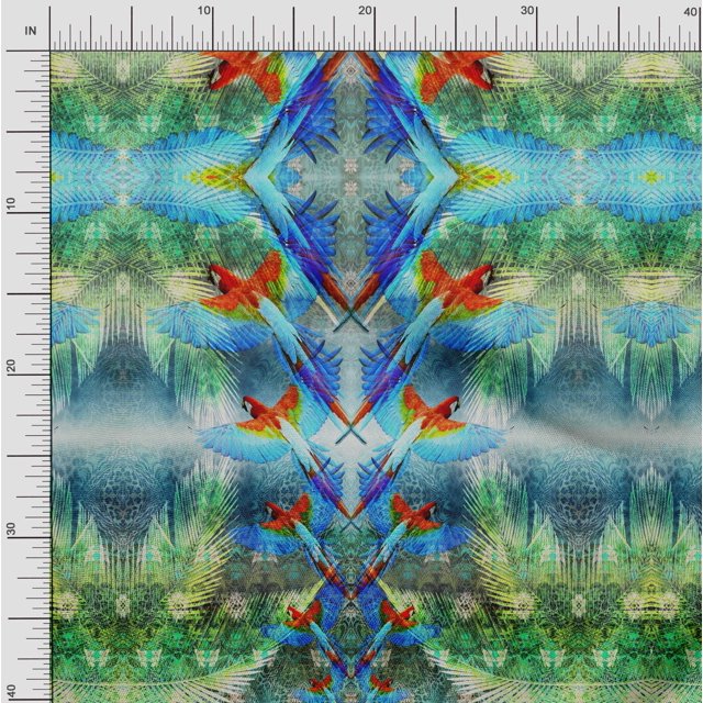 Soimoi Japan Crepe Satin Fabric Branch & Colorful Parrot Panel Print Fabric by The Yard 42 Inch Wide