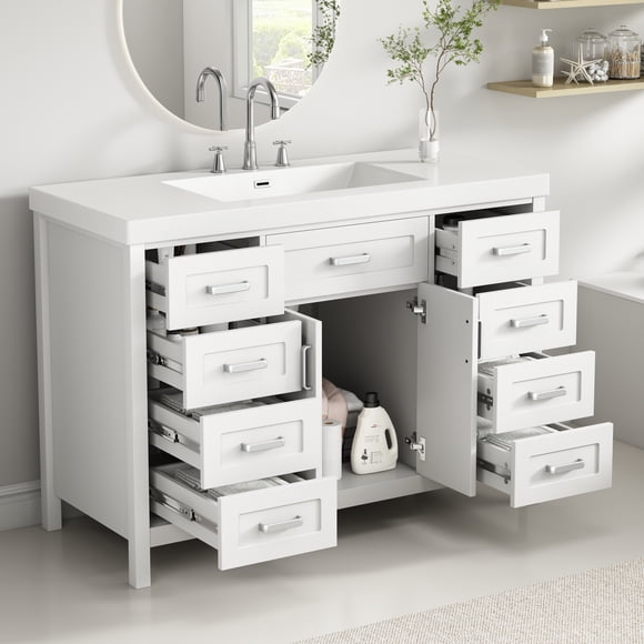 Noble House Meuble-Lavabo de Salle de Bain 48 Pouces avec Lavabo et Armoire, 2 Portes et 8 Tiroirs, Fermeture en Douceur pour Salles de Bain Moyennes à Grandes, Blanc