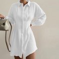 thumbnail image 2 of Womens Plus Size Puff Long Sleeve Mini Shirts Dress Button Down Turndown Collar Short Blouse Dress Ruched Plain Dress, 2 of 5