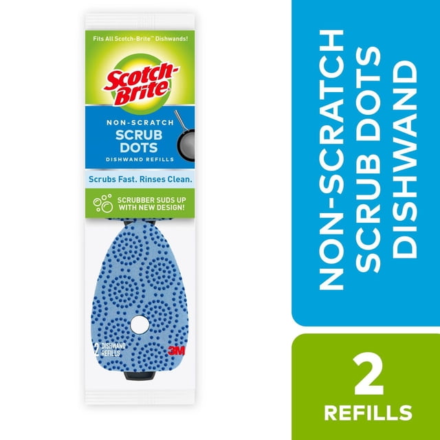 Scotch-Brite® Scrub Dots Non-Scratch Dishwand Refills, 2 pack, blue refill heads with circular scrub dot patterns designed for Scotch-Brite dishwands, providing fast scrubbing and easy rinsing, safe for non-stick cookware and kitchen cleaning tools, suitable for controlled dish liquid dispensing.