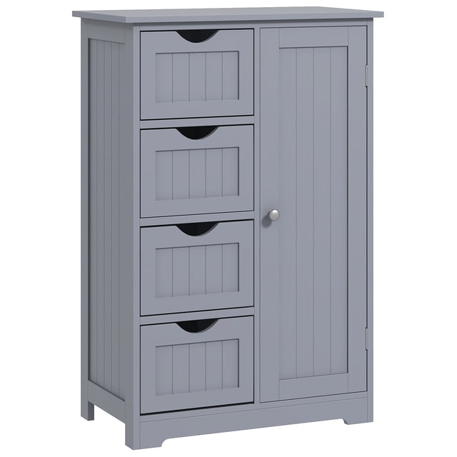 kleankin Armoire de Rangement pour Salle de Bain avec 4 Tiroirs et Tablette Ajustable, Gris. Cette Armoire en MDF Présente une Finition Peinte, Quatre Tiroirs et une Armoire Spacieuse avec Tablette Réglable à 3 Niveaux. Comprend une Sangle Anti-Basculement et des Patins Antidérapants pour la Sécurité. Idéale pour les Salles de Bain, les Cuisines Ou les Salons. Dimensions : 22 Pouces de Large, 11,8 Pouces de Profondeur et 32,7 Pouces de Hauteur.