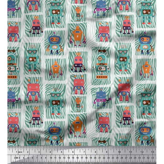 Soimoi Silk Fabric Woodgrain Texture & Cartoon Machine Hardware Fabric Prints by Yard 42 Inch Wide