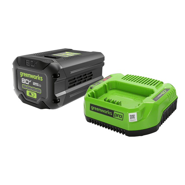 Greenworks 80V 2.5Ah Battery & 2 Amp Charger Combo Kit featuring a compact, lightweight 80V battery with a built-in cooling fan and LED power indicator, paired with a matching green and black charger. Ideal for use with Greenworks Pro 80V tools, offering an eco-friendly alternative to gas-powered tools.
