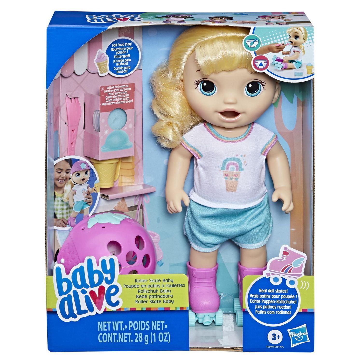 Baby Alive Poupée en patins à roulettes, 30 cm, pour enfants, dès 3 ans, mange et fait « caca », poupée avec patins à roulettes, cheveux blonds