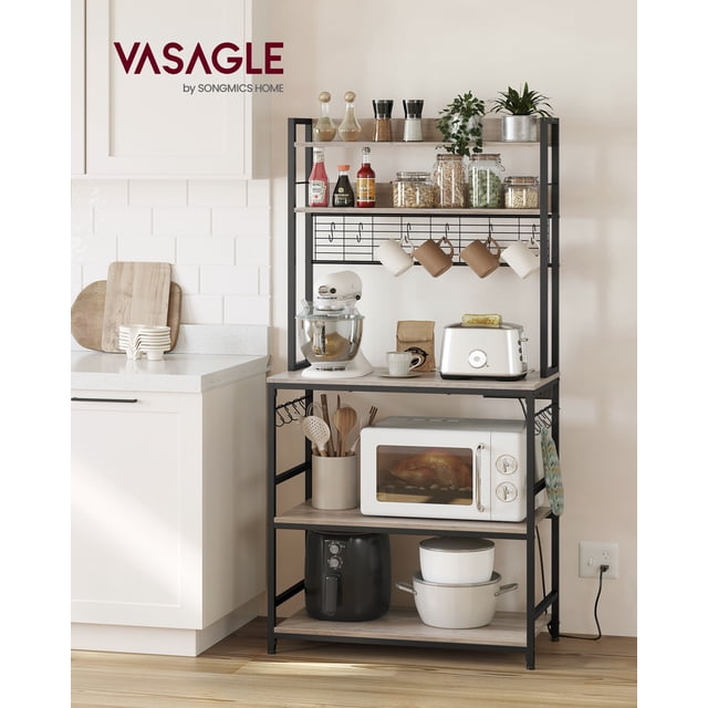 VASAGLE Bakers Rack with Power Outlet, Microwave Stand, Kitchen Tall Utility Storage Shelf, with Metal Wire Panel, 14 Hooks, 40 x 80 x 170 cm, Greige and Black