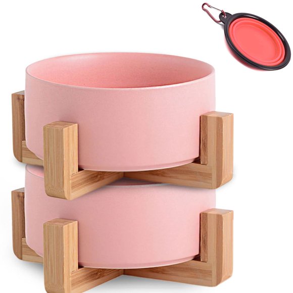 Petygooing Dog Cat Bowl Ceramic Pink Pet Dish with Stand for Food and Water Modern Cute Matte Glaze Weighted Pet Bowls Set for Cats & Small Size Dogs 13.5 OZ (5.1In / 1.7 Cups) Pink