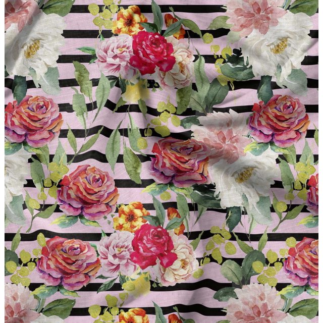 Soimoi Tissu en Velours Rose Rayé & Roses Grandiflora Imprimé Floral 1 Yard 58 Pouces de Large