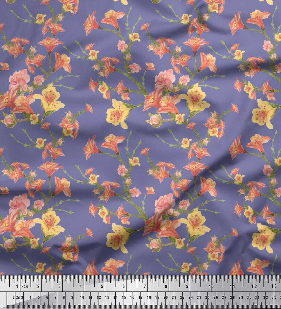 Soimoi Purple Poly Georgette Fabric Leaves & Azalea Floral Print Fabric by Yard 52 Inch Wide