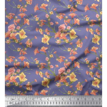 Soimoi Purple Rayon Fabric Leaves & Azalea Floral Decor Fabric Printed Yard 56 Inch Wide