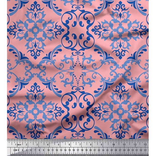 Soimoi Pink Cotton Duck Fabric Vector Design Damask Printed Fabric 1 Yard 58 Inch Wide