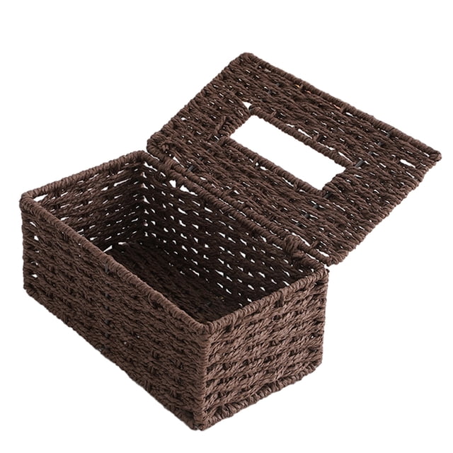 Rbaofujie Tissue Boxes Rattan Tissue Box Cover in coffee color, featuring a hand-woven design made of eco-friendly paper rope. The rectangular wicker tissue box has a hinged lid with an opening for easy access to facial napkins. Ideal for kitchen organization, bathrooms, living rooms, or as decorative table centerpieces. Dimensions: approximately 23 x 13 x 10.5 cm.