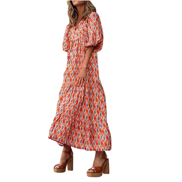 RKSTN Robes pour Femme Robe à Imprimé Floral à Manches Bouffantes Grande Taille Robe à Manches Courtes à Col en V Fluide Robe Maxi de Soirée