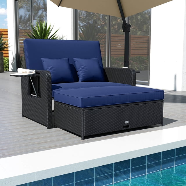 Costway 2 PCS PE Wicker Outdoor Daybed with 4-Level Adjustable Backrest, Storage Ottoman Navy + Black