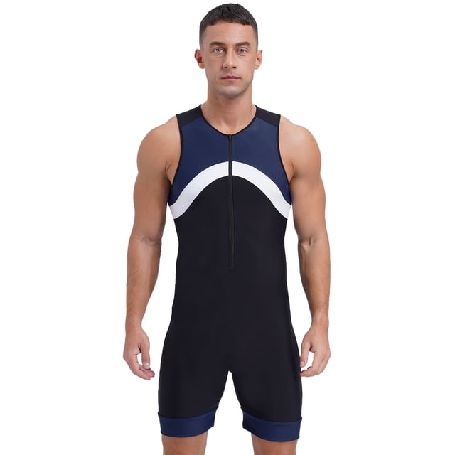 MSemis Men Quick Dry One Piece Swimsuit Zipper Bathing Suit Sleeveless Beach Swimwear Surfing Rash Guard Wetsuit Navy Blue L
