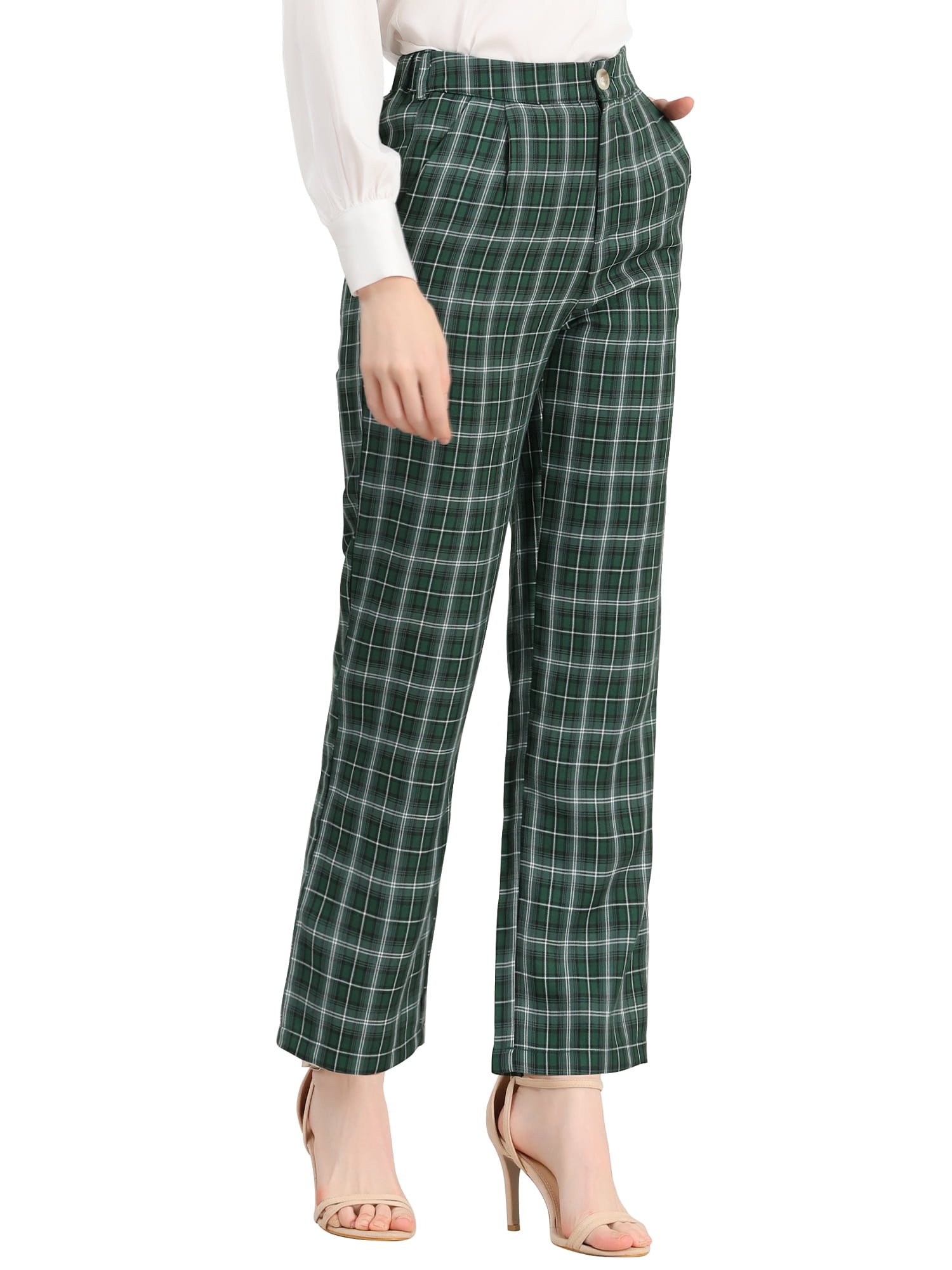 Unique Bargains Women's Christmas Plaid Pockets Elastic Waist Straight Leg Pant