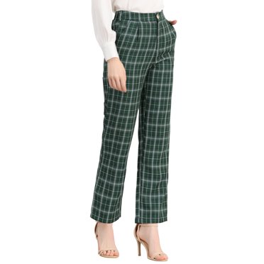 Unique Bargains Women's Christmas Plaid Pockets Elastic Waist Straight Leg Pant