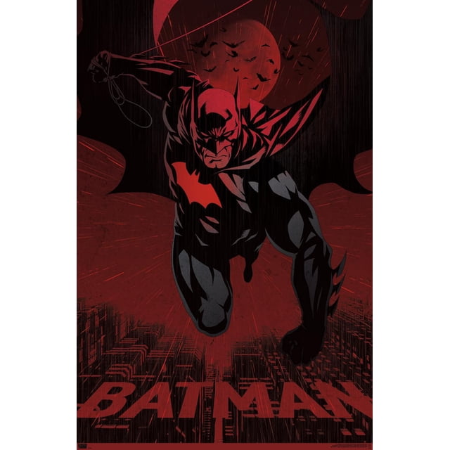 DC Comics: Dark Artistic - Batman Wall Poster, 22.375" x 34" depicting Batman in a black and red suit with a red bat emblem, leaping forward against a red moonlit sky with bats flying and a stylized cityscape below, with bold red BATMAN text at the bottom, ideal for bedroom or office wall decor.