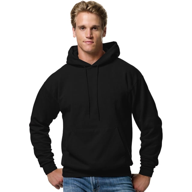 Hanes Men's ComfortBlend EcoSmart Pullover Hoodie Sweatshirt in black, size 5XL. Made from a 7.8 oz blend of 50% cotton and 50% polyester, featuring low-pill fleece with high-stitch density for durability. Includes a large front pouch pocket, dyed-to-match drawcord, and a hooded design. Suitable for casual wear and layering.