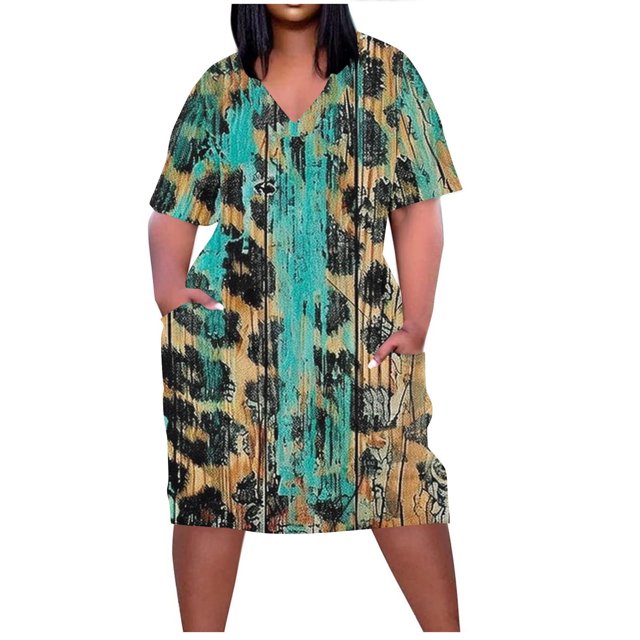 Pisexur Robes d'Été pour Femmes Mode à Imprimé Floral Robe Soleil Décontractée Ample à Col en V à Manches Courtes Robes T-Shirt Fluides Surdimensionnées Robe de Plage avec Poches Grande Taille Robe Mi-Mollet L-5TG