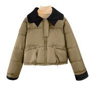Xdegoge Women's Winter Puffer Jacket Fashion Down Slim Knitted Lapel Long Sleeve Zipper Coat Vintage Patchwork Casual Warm Parka Outerwear Fall Streetwear with Pockets Outwear Plus Size Army Green S
