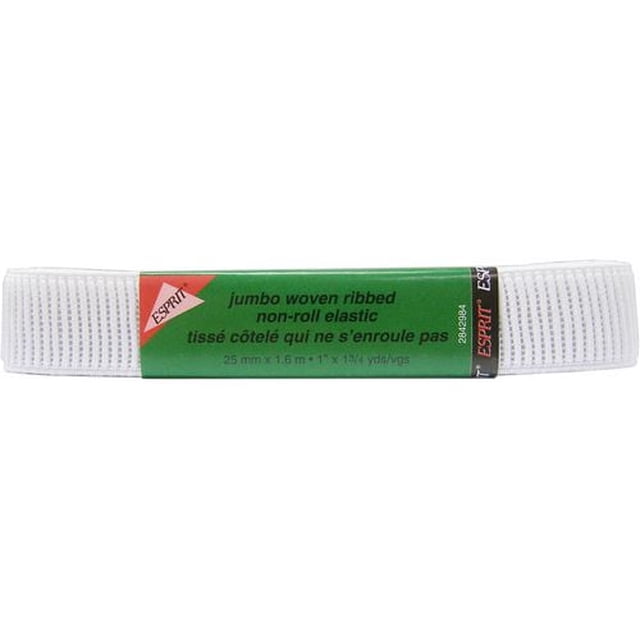 Unique Creativ Grand Élastique Tissé Côtelé Non Roulé en Blanc, Plié avec une Étiquette Verte et Rouge. Cet Élastique Tissé de 25 mm de Large Est Côtelé et durable, Idéal pour des notions de Couture comme les Ceintures sur Tissus Lourds, Enveloppes Ou Coutures Directes, et Convient aux Projets de Déco Maison.