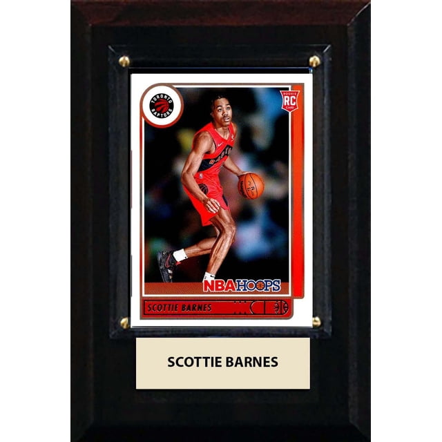 Plaque de Collection C&I : LNH - Raptors de Toronto - Scottie Barnes Mettant en Vedette une Carte Recrue Encadrée de Scottie Barnes dans un Uniforme Raptors de Toronto Rouge Dribblant un Ballon de basketball, Montée sur une Plaque Noire avec une Plaque Gravée en Dessous, Convient aux collections de Fans de la NBA.