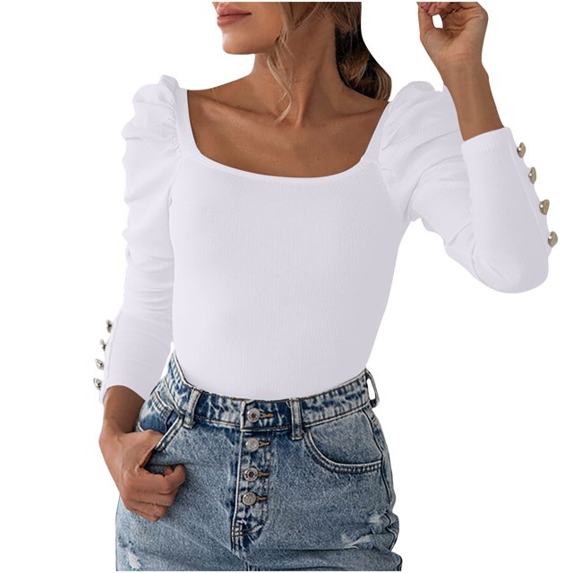 AherBiu Womens Blouses Trendy Long Sleeve Comfy Tops Ribbed Knitted Slim Tight Stretchy Fall Shirts