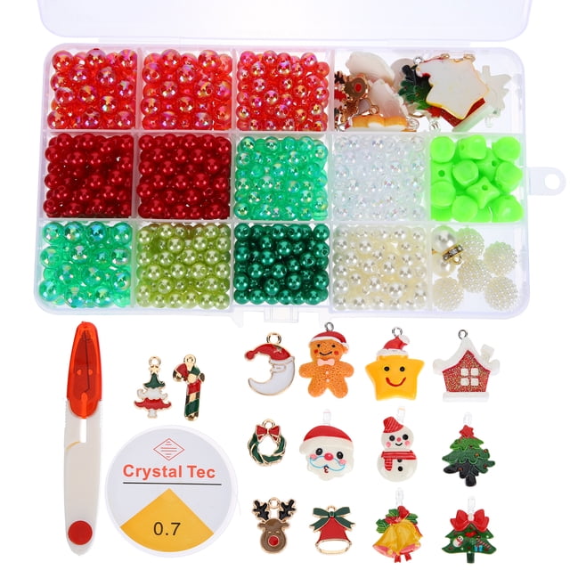 MasteelfCA 1 Set Christmas Beads Jewelry Making Kit featuring a variety of beads and charms in classic Christmas colors like red, green, and white. The kit includes a plastic organizer box with compartments holding round beads, spacer beads, and resin charms shaped like Christmas trees, Santa Claus, reindeer, and more. Also included are a threading tool and a spool of Crystal Tec elastic cord for crafting bracelets, necklaces, and other jewelry. Compact and easy to use, this kit is ideal for DIY Christmas-themed crafts.
