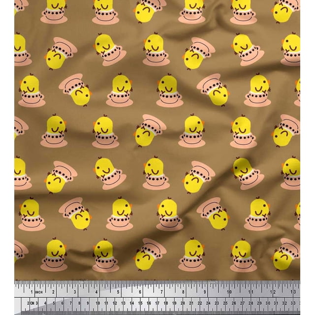 Soimoi Poly Georgette Fabric Cup,Plate & Chick Cartoon Print Fabric by the Yard 42 Inch Wide