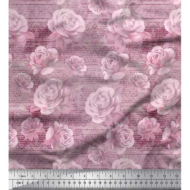 Soimoi Rayon Fabric Text,Leaves & Rose Flower Decor Fabric Printed Yard 42 Inch Wide