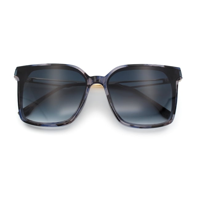 Womens Luxury Designer Inset Lens Metal Arm Horn Rim Plastic Fashion Sunglasses Blue Marble - Blue