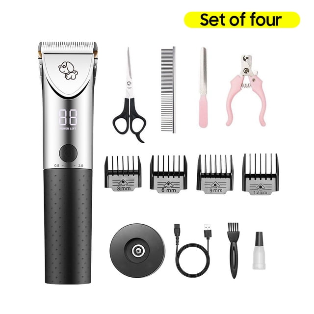 FlyFlise Pets Hair Trimmer Dog Cat Electric Shaver Set with LED Power Display/4 Guard Combs/2-Speed