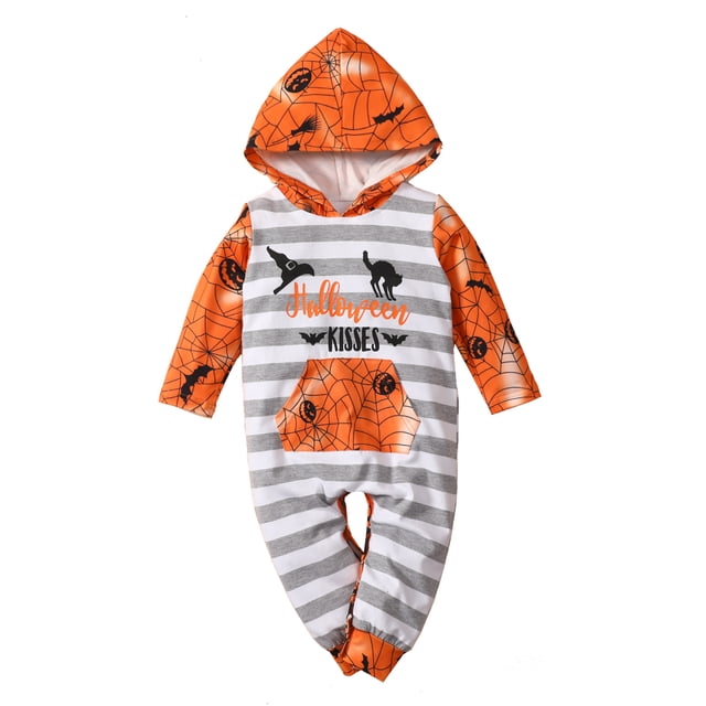 Gupgi Combinaison d'Halloween pour Tout-Petit, Barboteuse à Capuche à Manches Longues à Rayures Imprimées