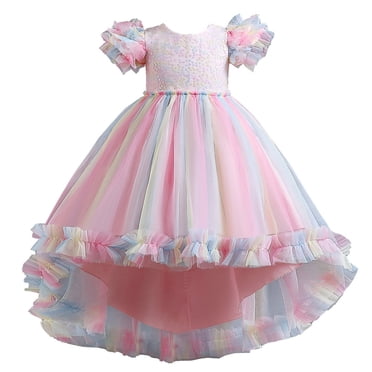 PMVFHDE Robes pour Petites Filles Enfants Bébé Enfants Printemps Été Robe de Fête pour Filles Colorée Train Robe pour Enfants Robe Fille Anniversaire Robe pour Enfants, Rose, 6-7 Ans