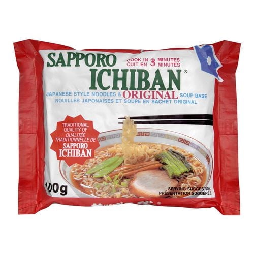 Sapporo Ichiban Japanese Style Noodles and Original Soup 100g package with red and white packaging, showing a bowl of ramen with broth, noodles, sliced pork, green vegetables, and chopsticks lifting noodles, highlighting quick 3-minute cook time and traditional ramen quality, often used for fast meals or enhanced with eggs and vegetables.