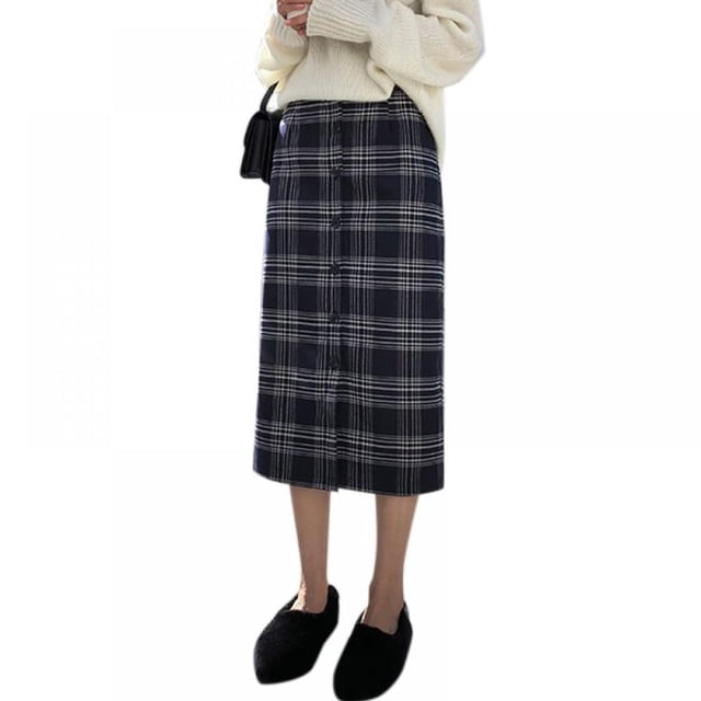 Robe Mi-Longue en Laine Rétro Taille Haute Automne pour Femmes, Jupe Moulante à Carreaux avec Boutons
