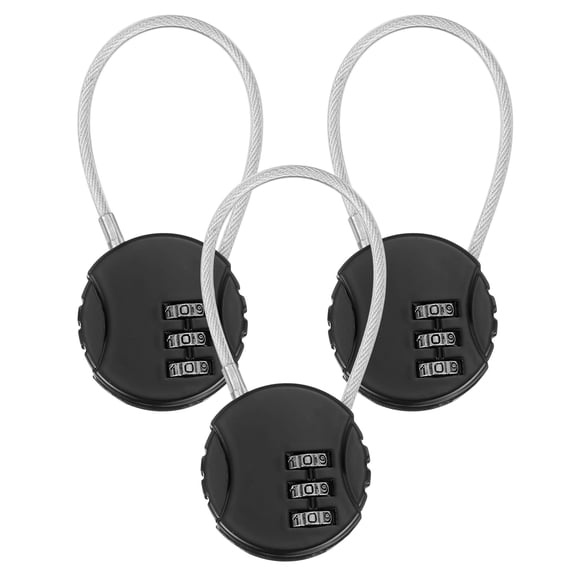 Uxcell 3-Pack Combination Locker Lock, 3 Digit Round Shaped Padlock Gym Locks with Cable for Luggage/Backpack Zipper/Outdoor [Black]